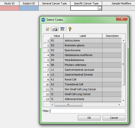Specific Cancer Type code list