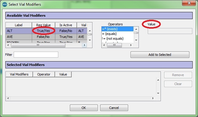 Modifiers Selection Value text box