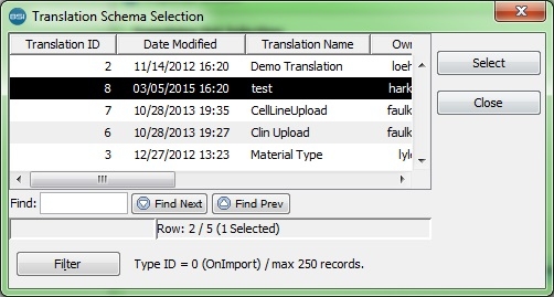 Translation Schema Selection dialog