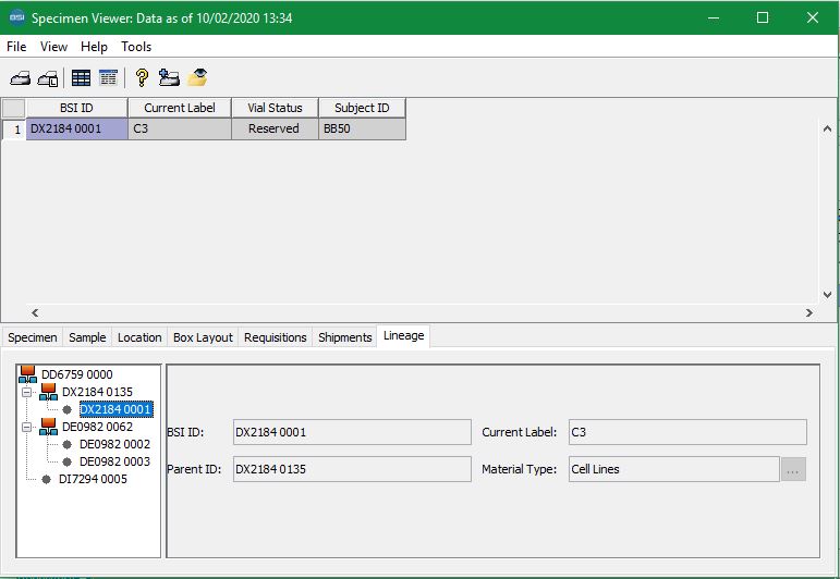 Specimen Viewer lineage tab