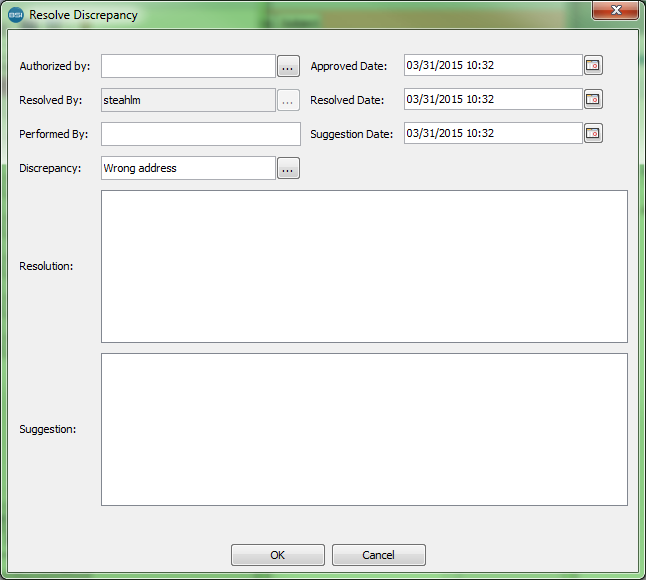 Resolve Discrepancy dialog