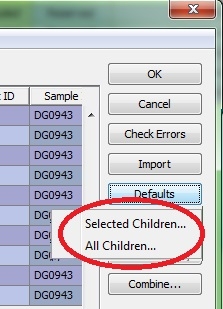 Child Default Data dialog