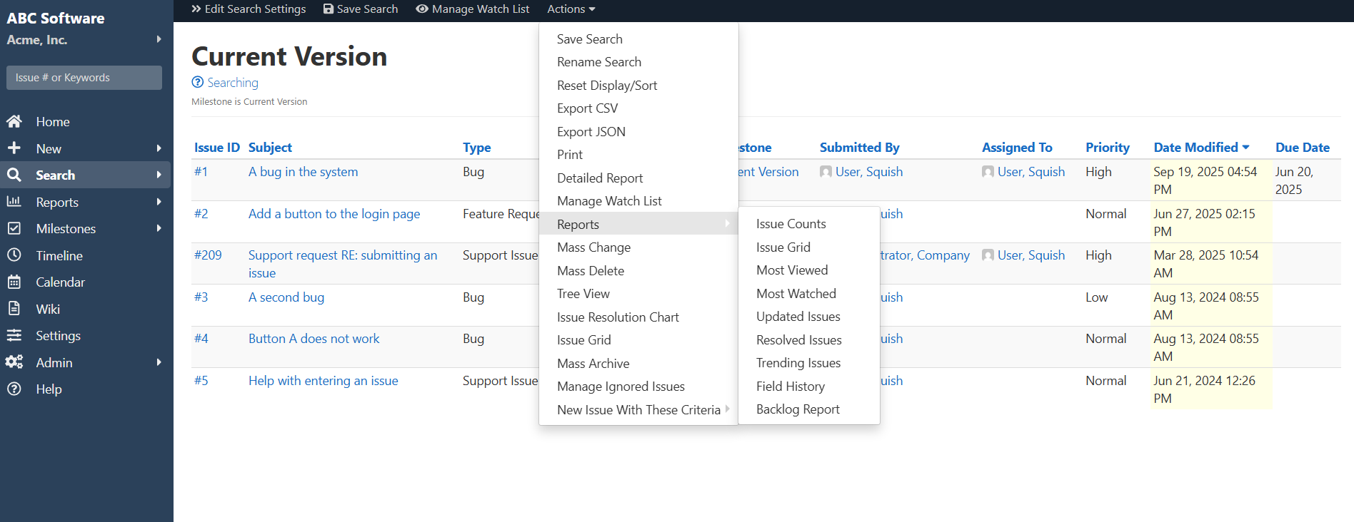 Actions menu viewed from a saved search