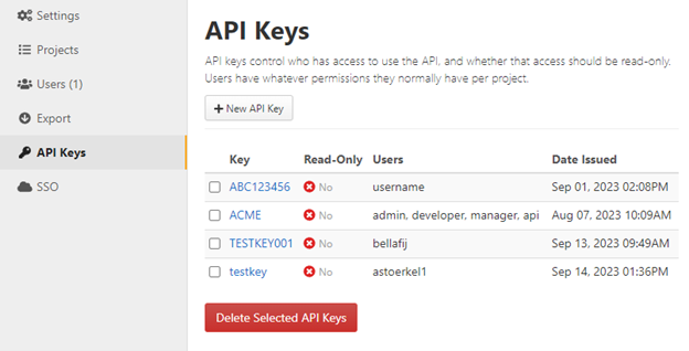 API Keys page