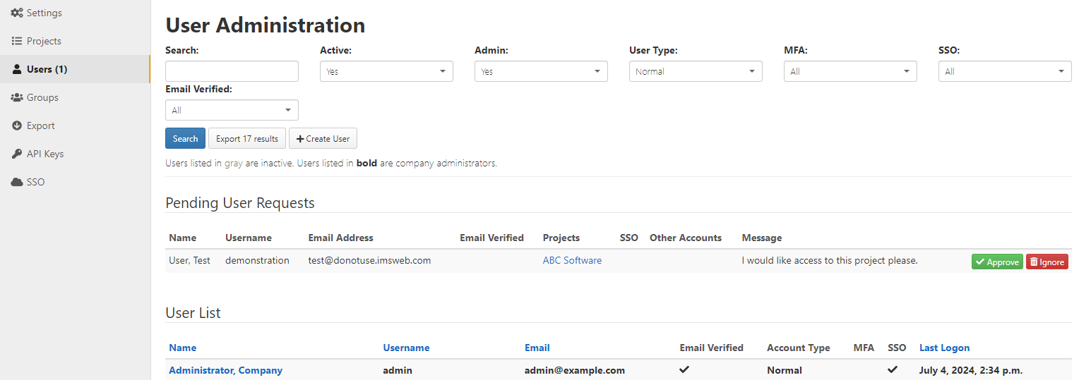 company user administration page