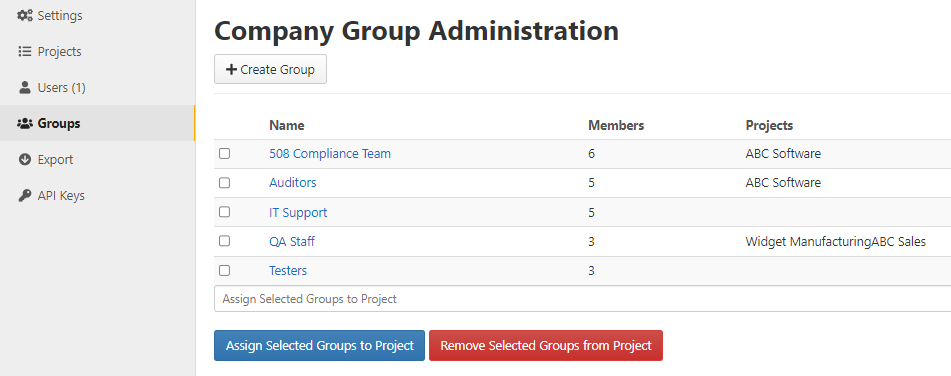 company group administration page
