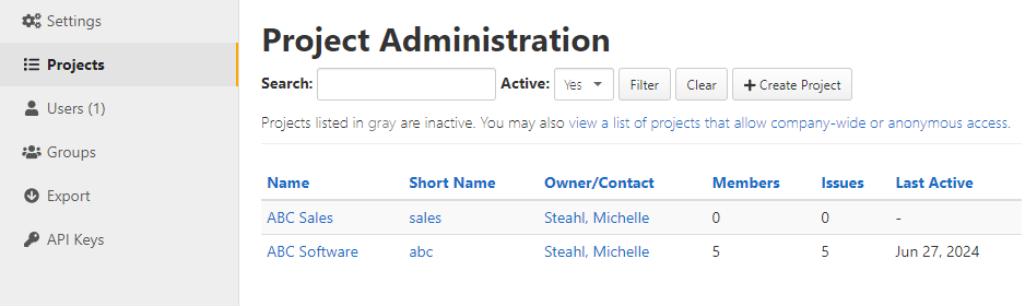 Project Administration page