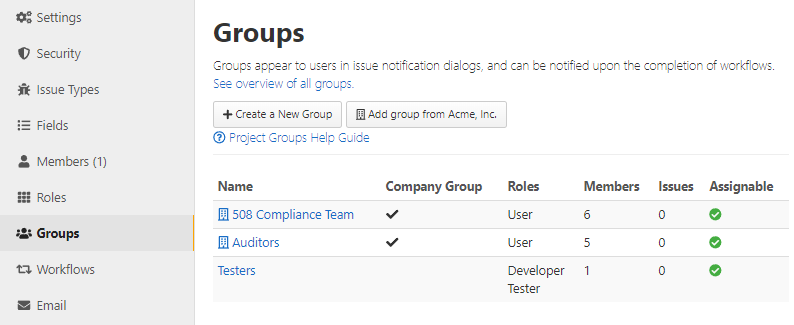 Project Group administration page