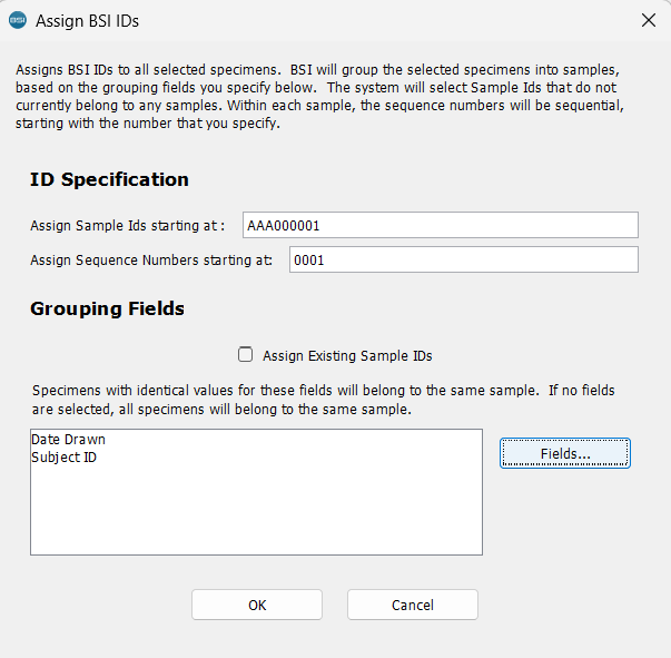 Assign BSI IDs dialog