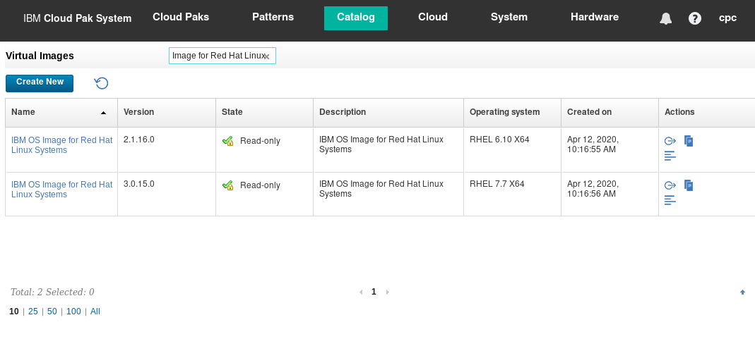 IBM OS Image for Red Hat Linux V3.0.15.0 loaded in the catalog