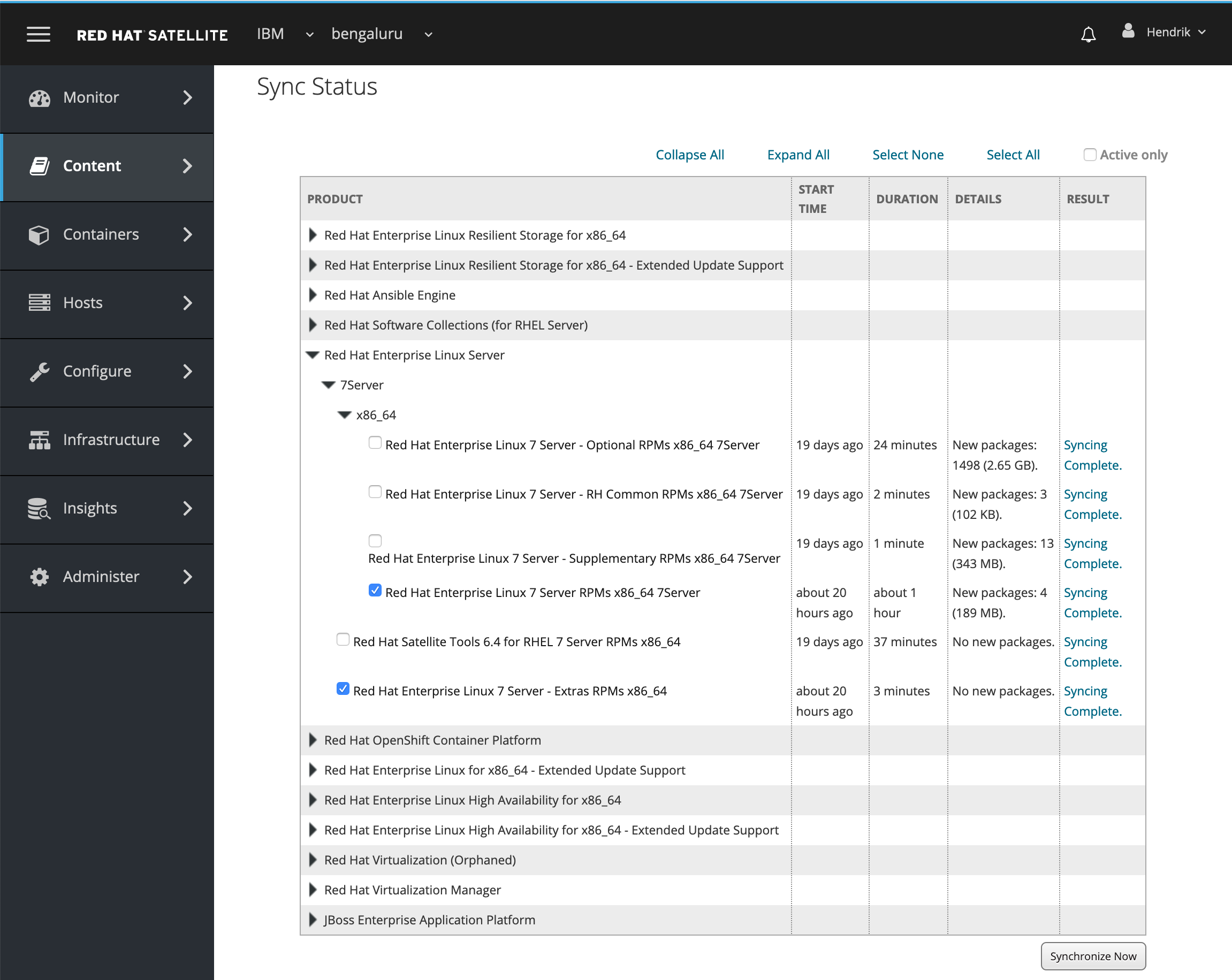 Confirming synchronization status of repositories in RHSS