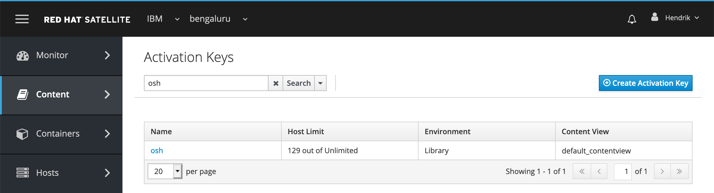 The osh activation key is associated with default_contentview in RHSS