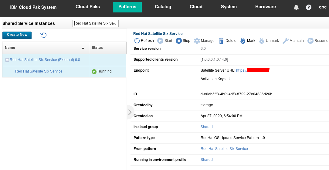 The Red Hat Satellite Six Service shared service instance is associated with the osh activation key