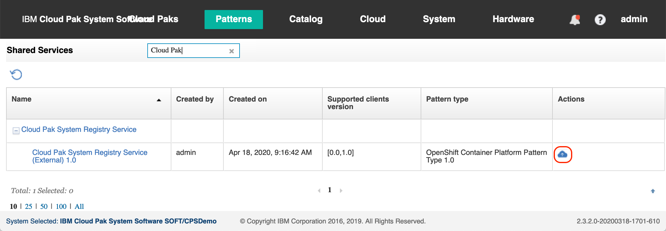 The Cloud Pak System Registry Service shared service