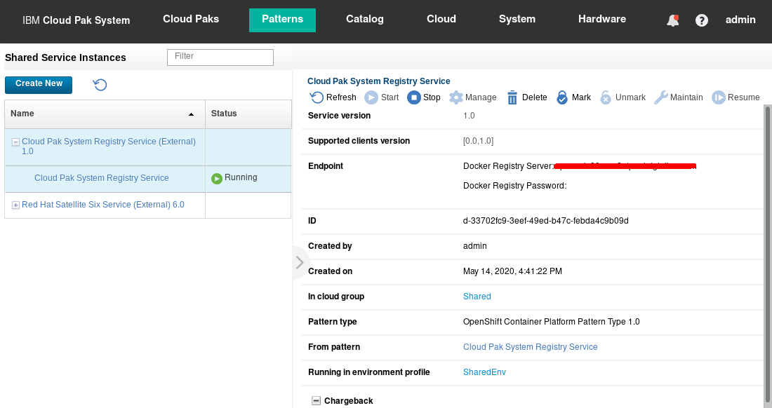 Deployed Cloud Pak System Registry Service shared service instance