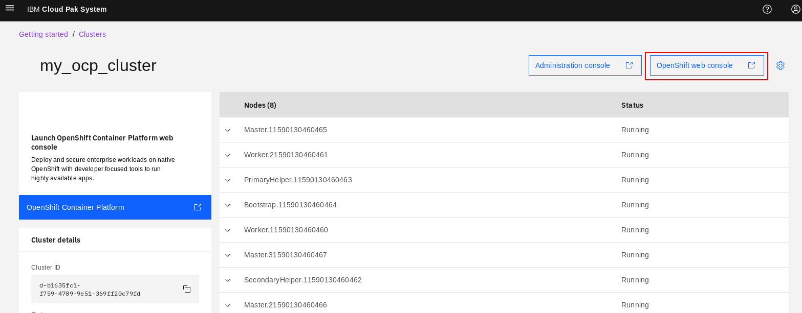 OpenShift web console link on deployed OCP cluster