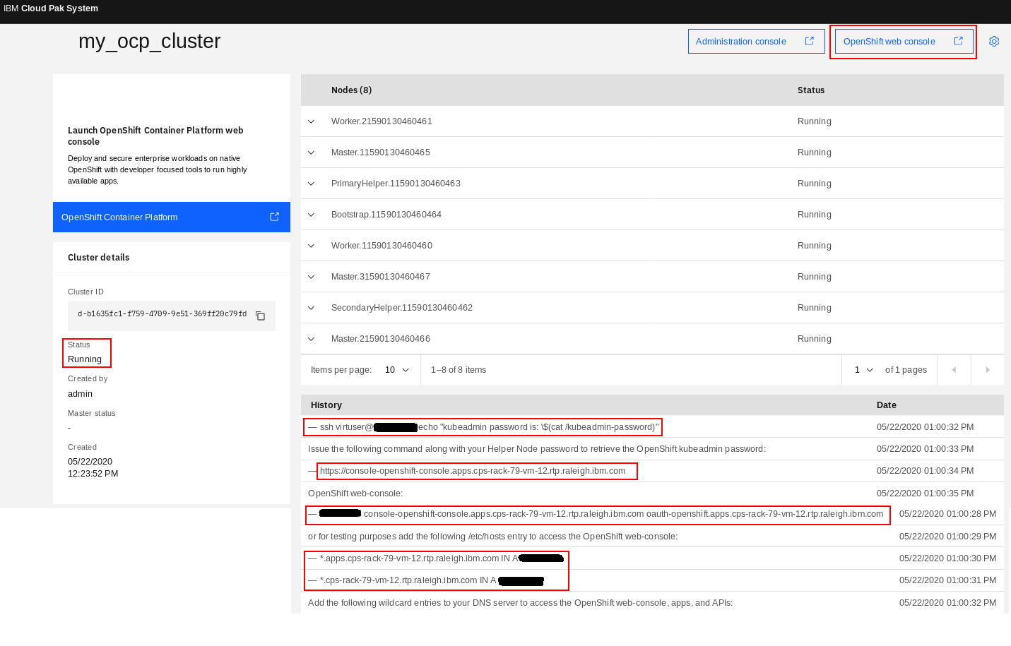 Post deployment steps shown under History of "my_ocp_cluster" cluster