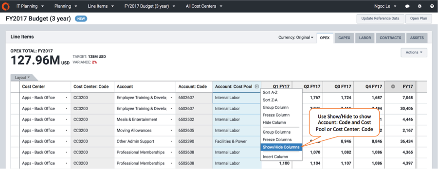 Line Items table Show/Hide dialog