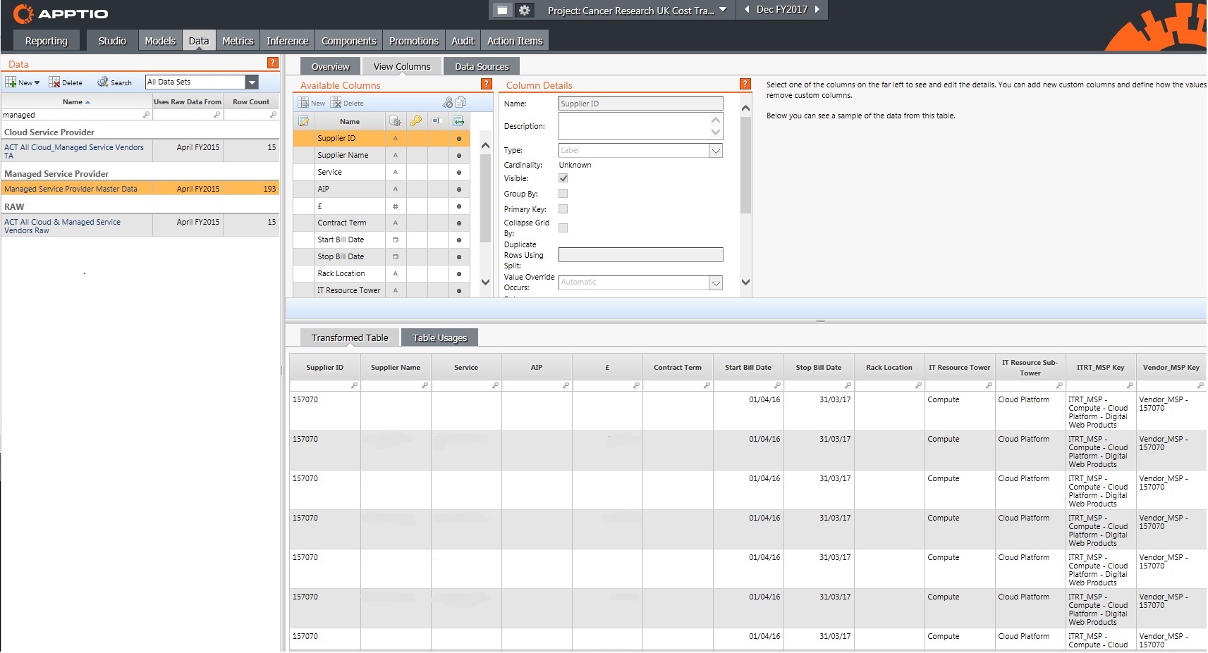 Missing Master Data set when adding columns | IBM Apptio