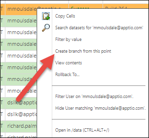 Once you have identified a suitable build, right-click on the build entry and click Create branch from this point.