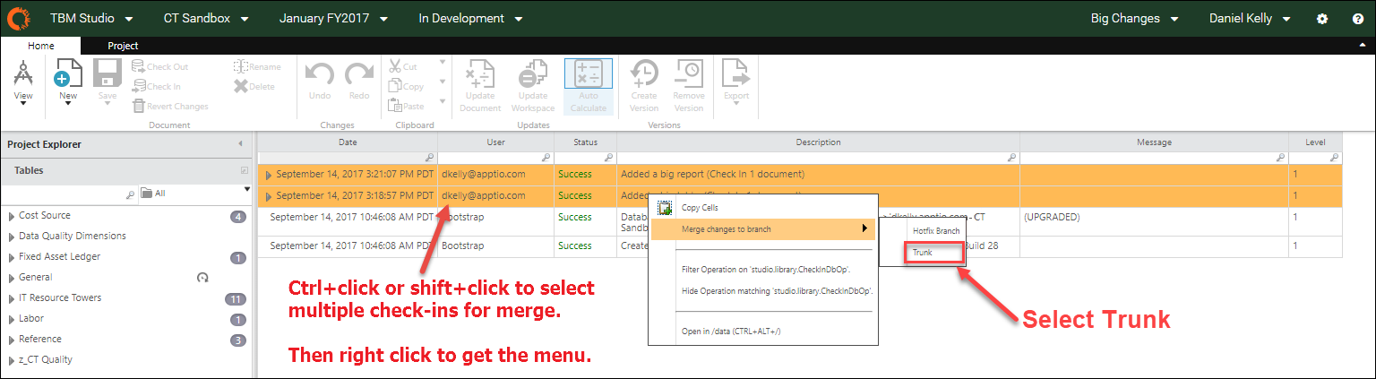 Ctrl+click or shift+click to select multiple check in entries for merging. Then right-click and select "Merge changes to branch" and then "Trunk"
