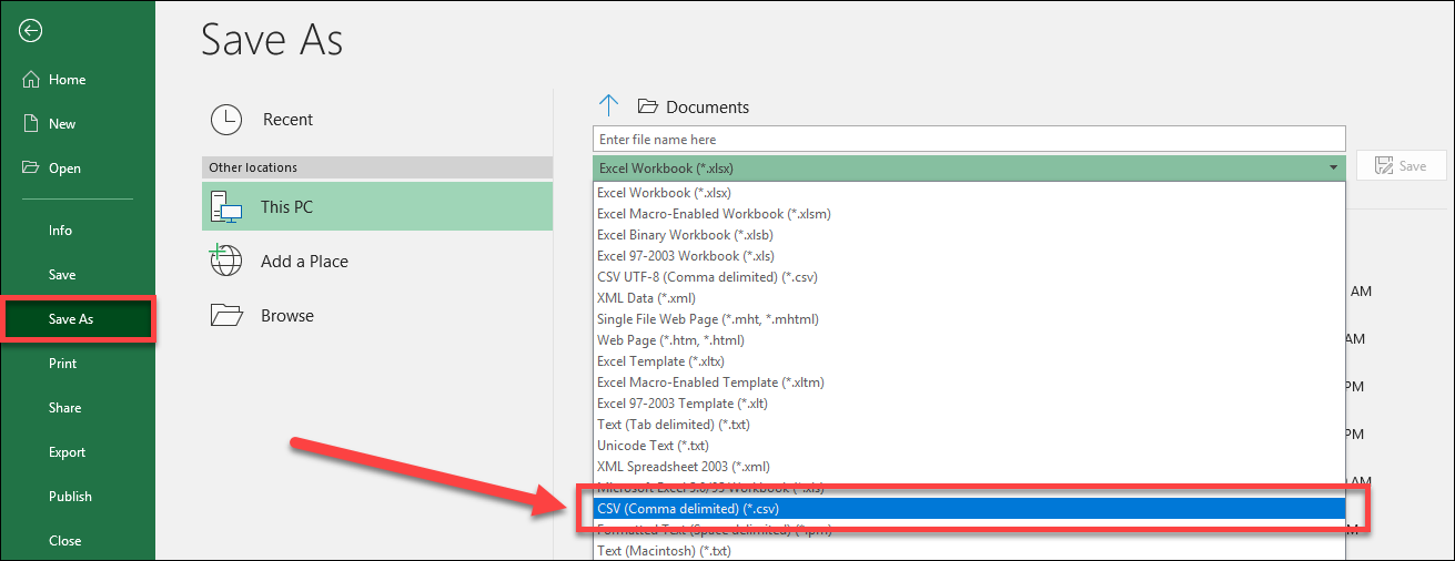 Click Save As and select the CSV (Comma delimited)&nbsp;(*.csv) option as the file format.