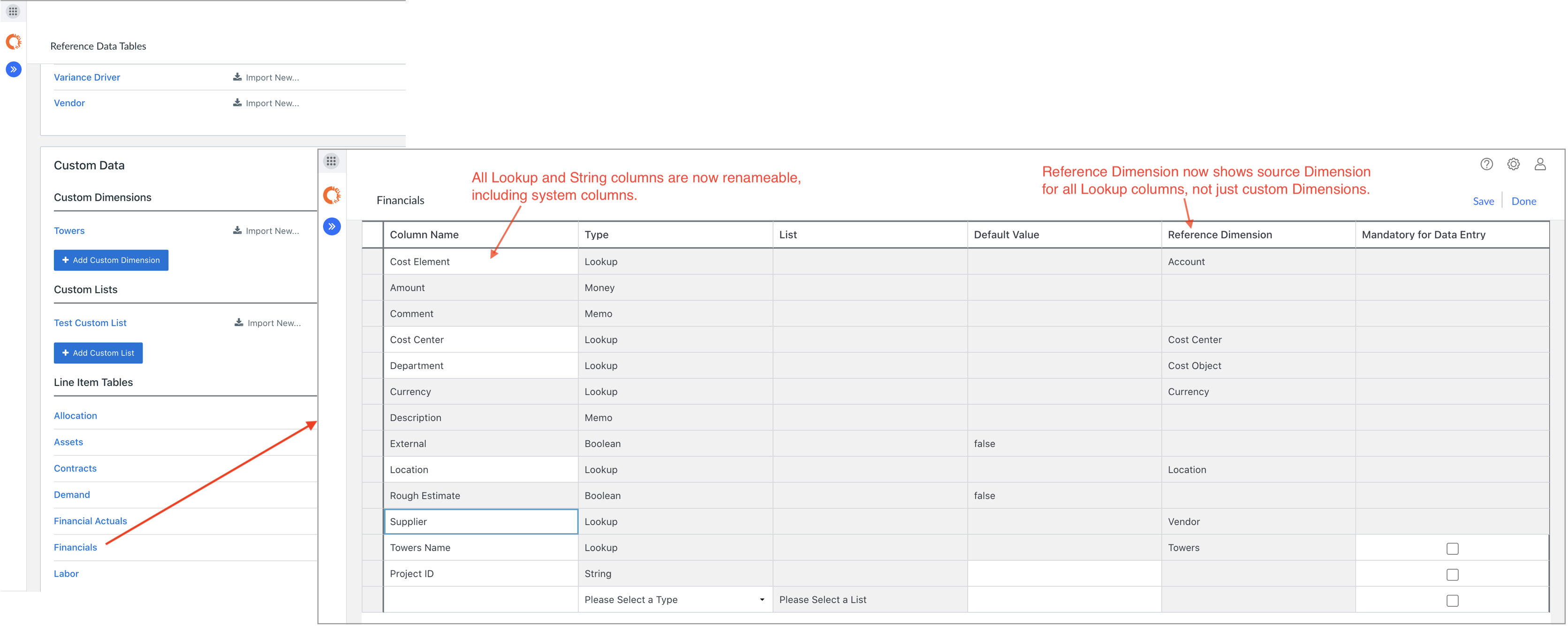 Editing Line Item Table column definitions in Reference Data