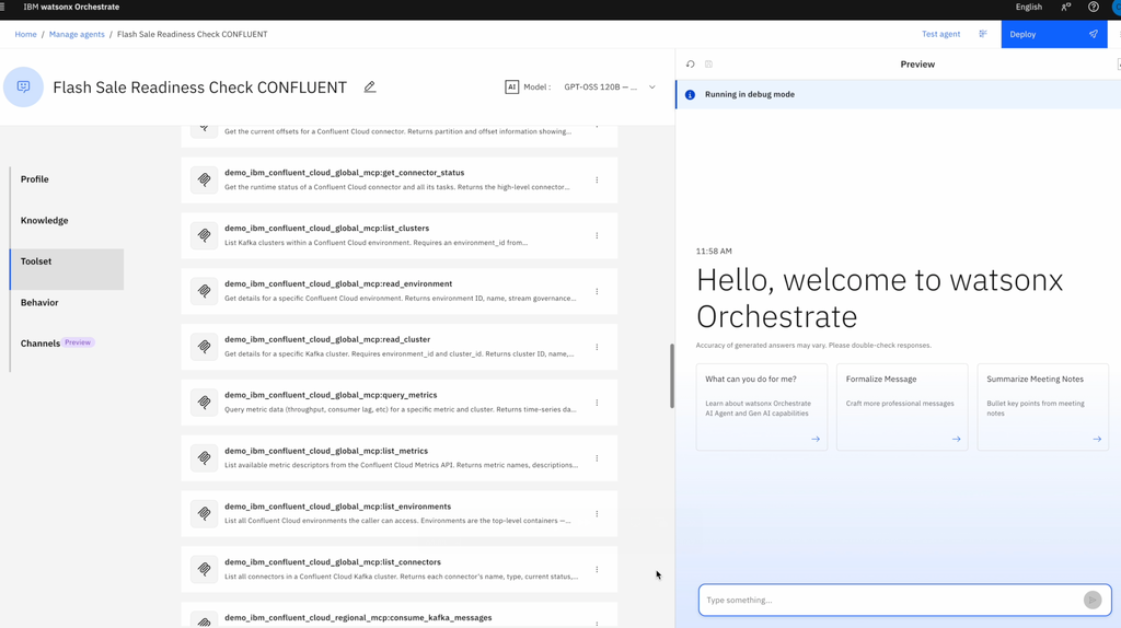 The watsonx Orchestrate agent builder with the IBM Confluent Cloud Managed MCP Server tools added to the agent.
