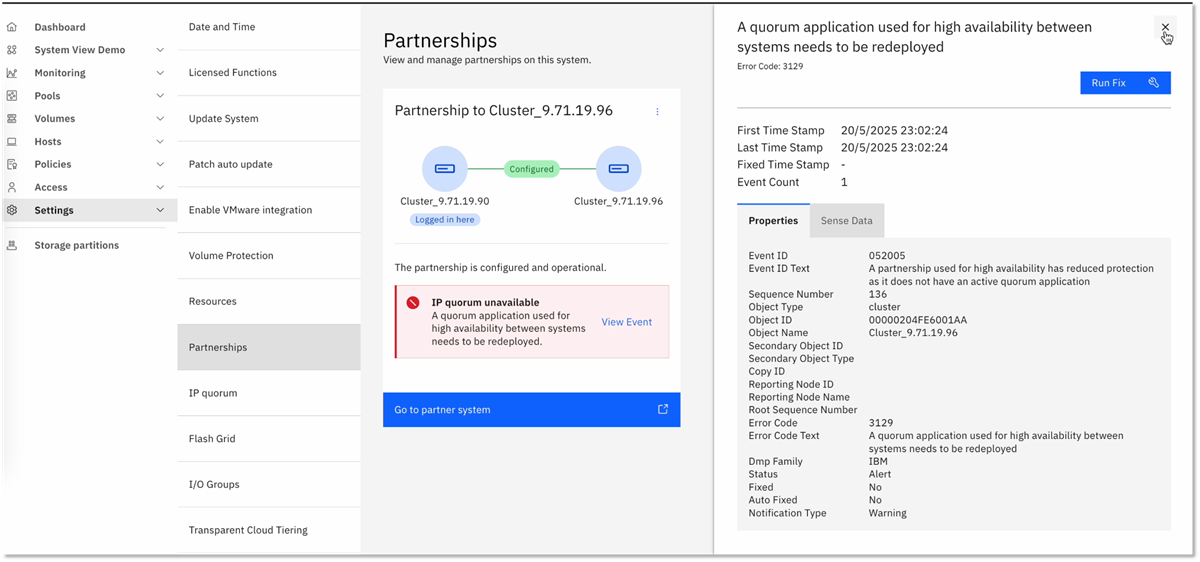 Partnership tile quorum application error notification and event side panel