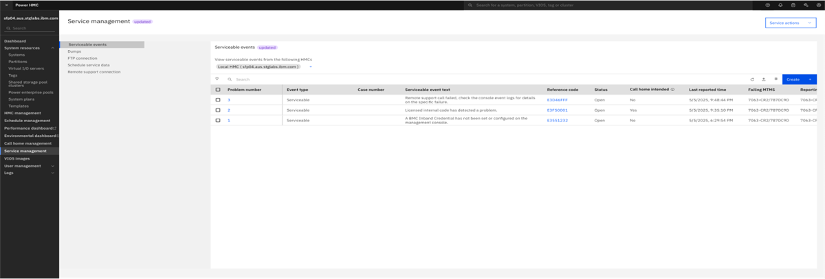Navigating to create option from service events panel
