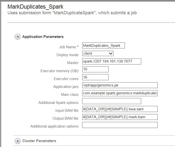 A sample submission form for a Spark application in a flow