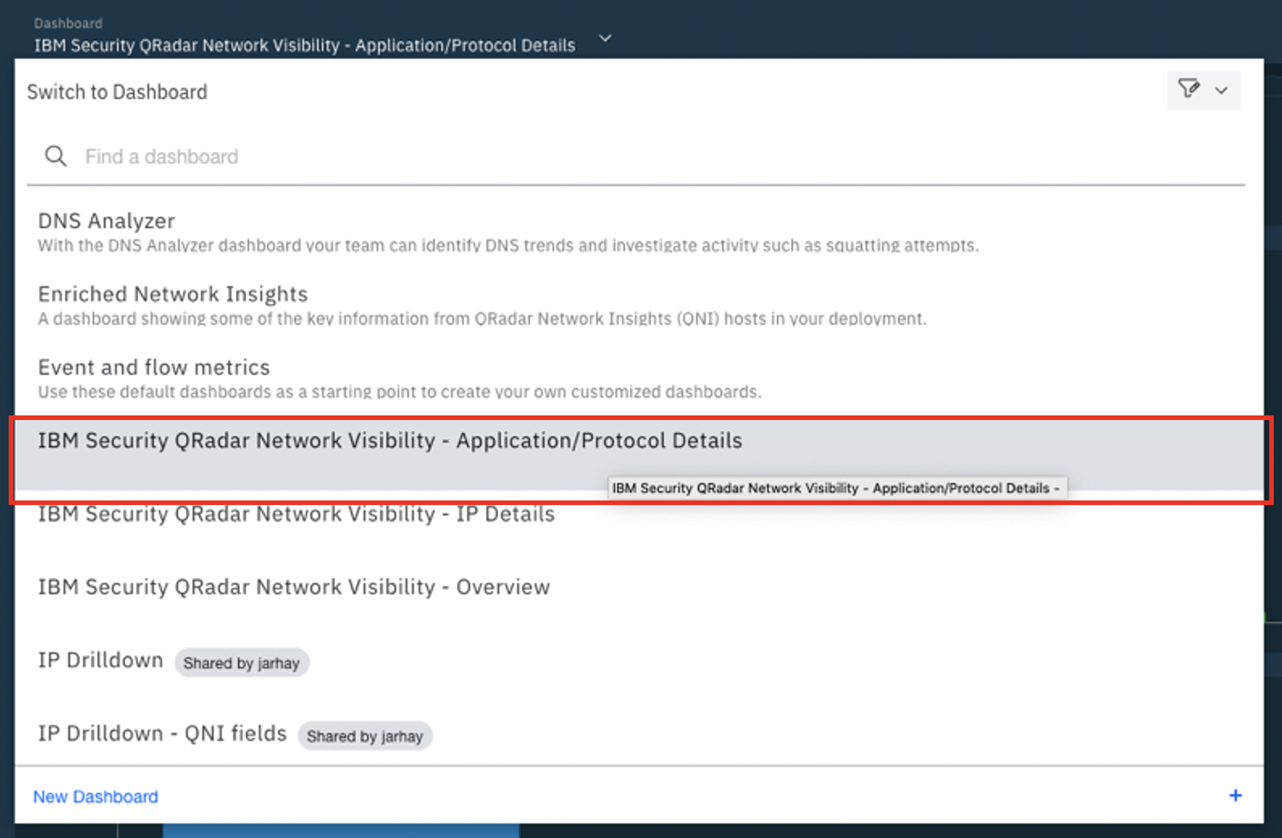 Network Visibility Application/Protocol Details Dashboard Selection