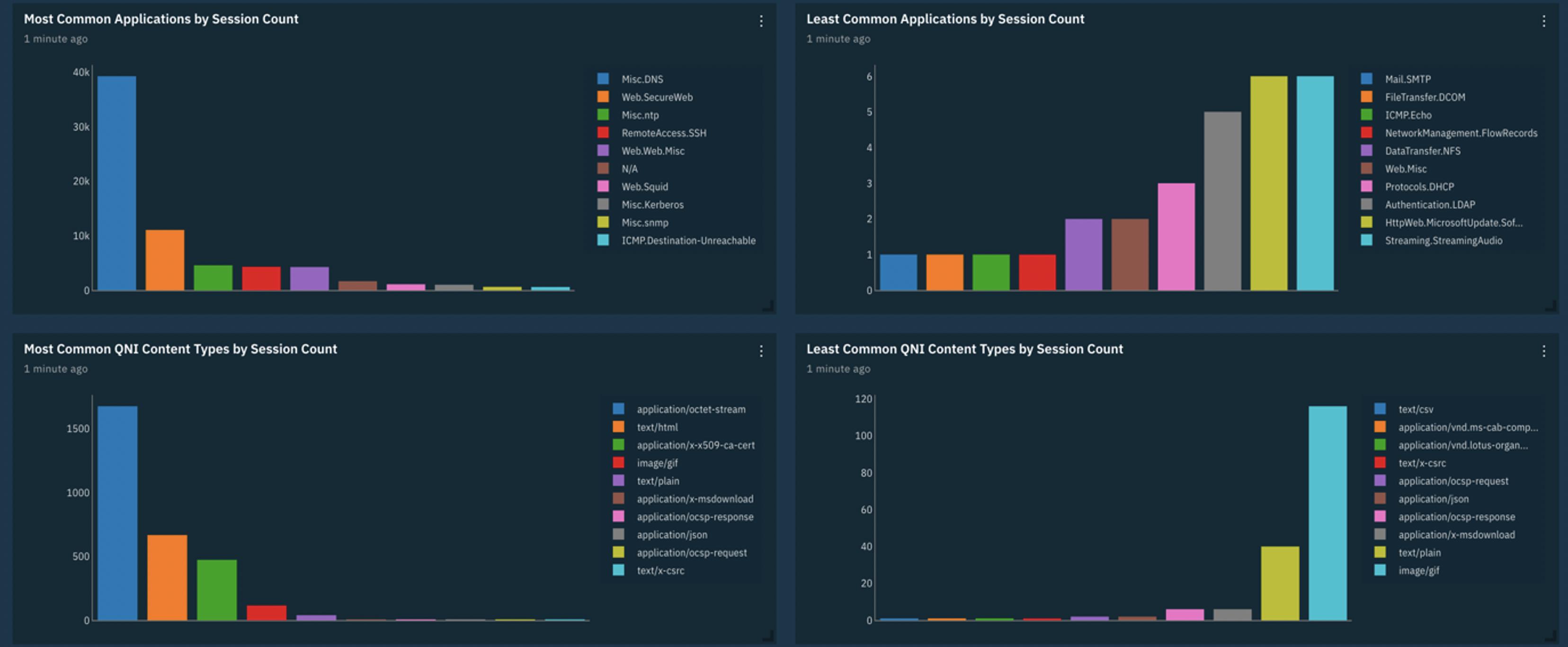 Network Visibility Overview - Most and Least Common Applications and Content Type