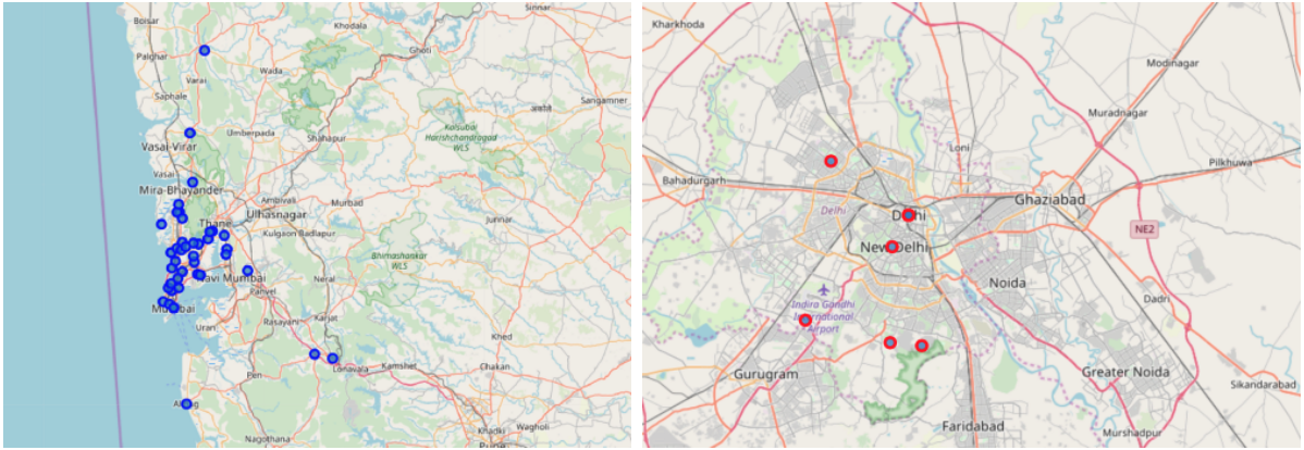 Neighborhoods in Mumbai and Delhi plotted on a map