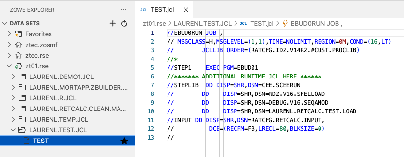 Checking the uploaded file via the Zowe Explorer VS Code extension's Data Sets view
