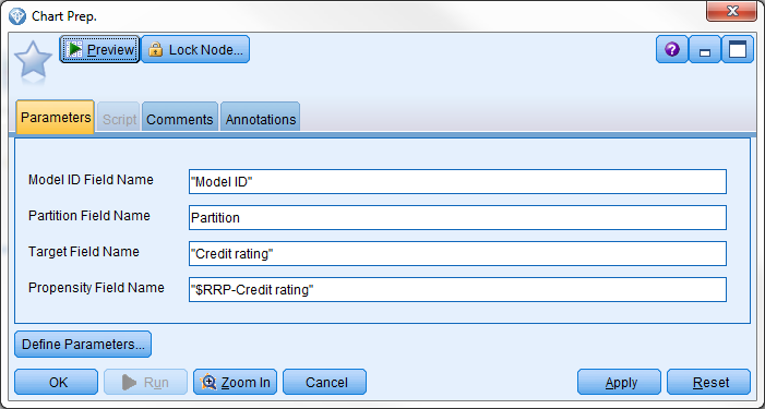 Figure 6 - The parameters from the "Chart Prep." SuperNode