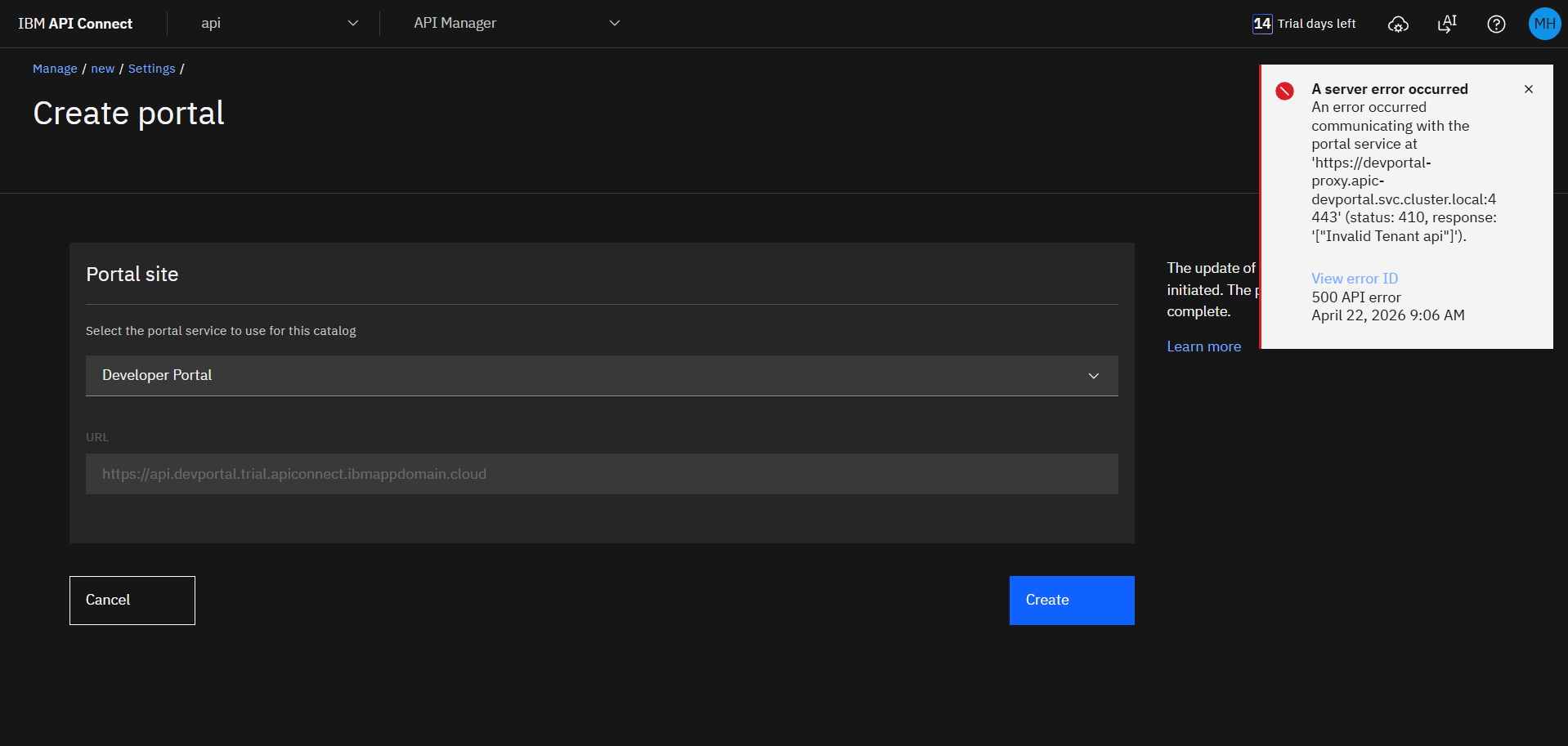 Unable to Create Developer Portal in IBM API Connect (Trial Version ...