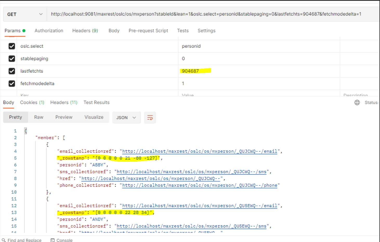 Rowstamps in REST API response | Maximo
