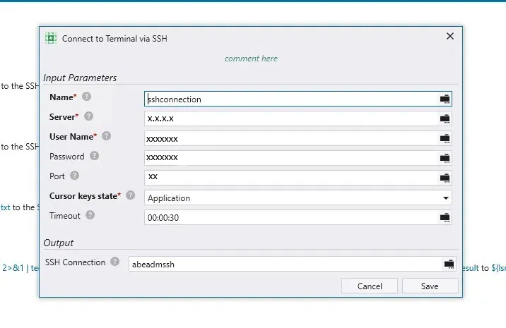IBM RPA Connect to Terminal via SSH Command Configuration Screenshot showing IBM RPA Studio