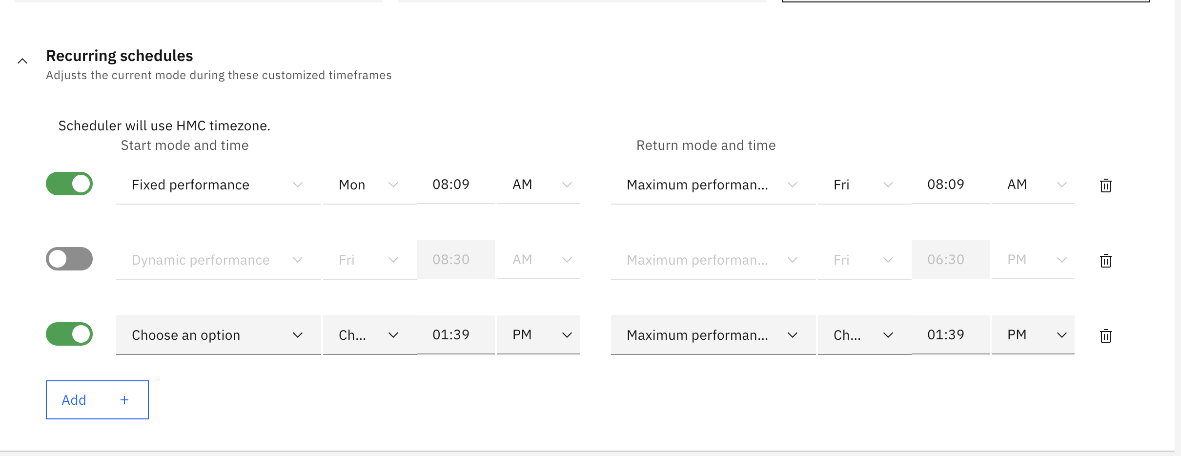 Panel to create, pause and delete schedules for Power modes