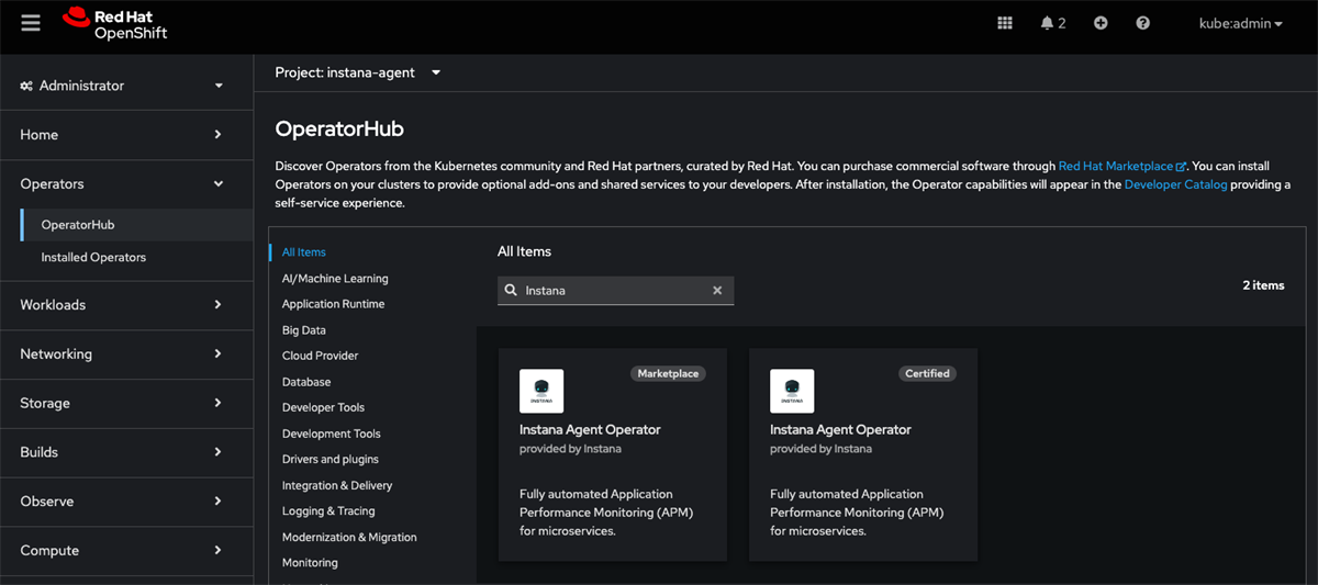 The Instana Agent operator from the OpenShift marketplace