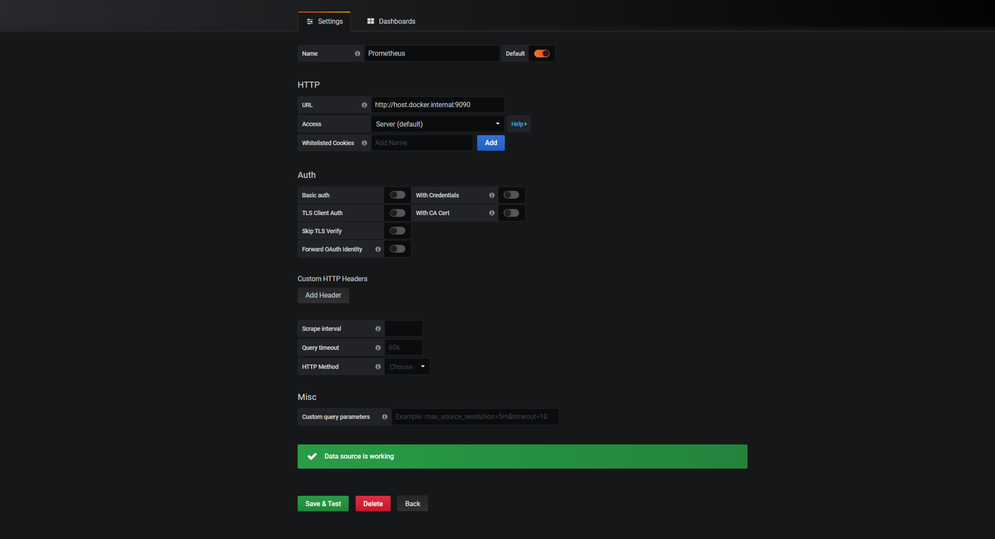 The Grafana Prometheus Data source configuration page