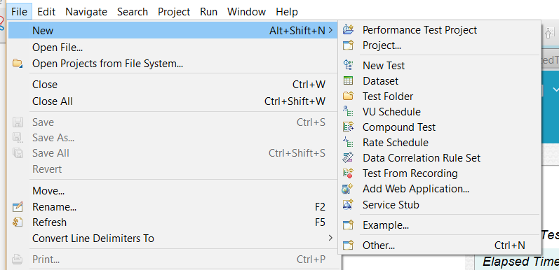 File > New menu for Performance Test perspective