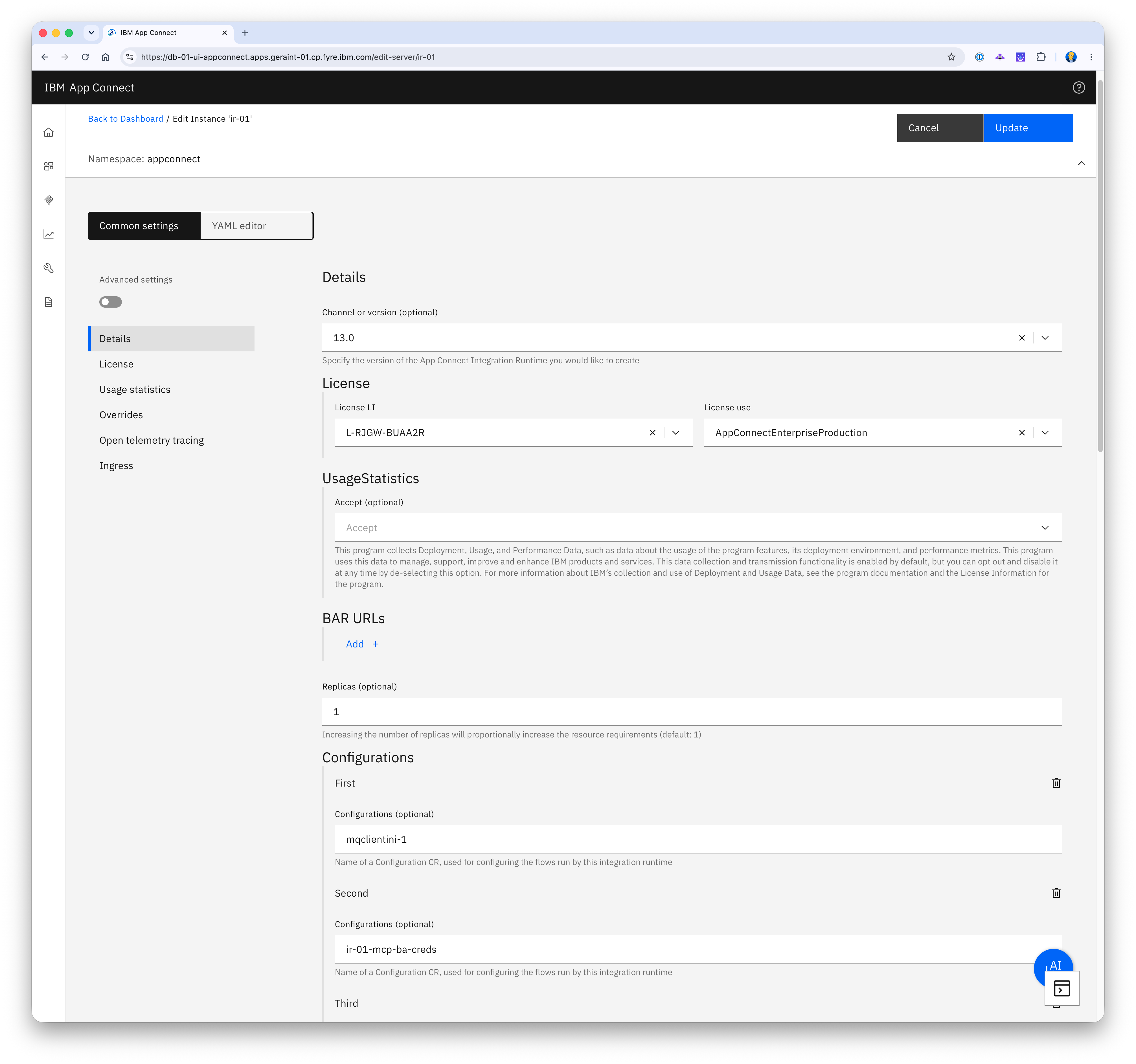 Integration Runtime configuration page showing an assigned mqclient.ini configuration