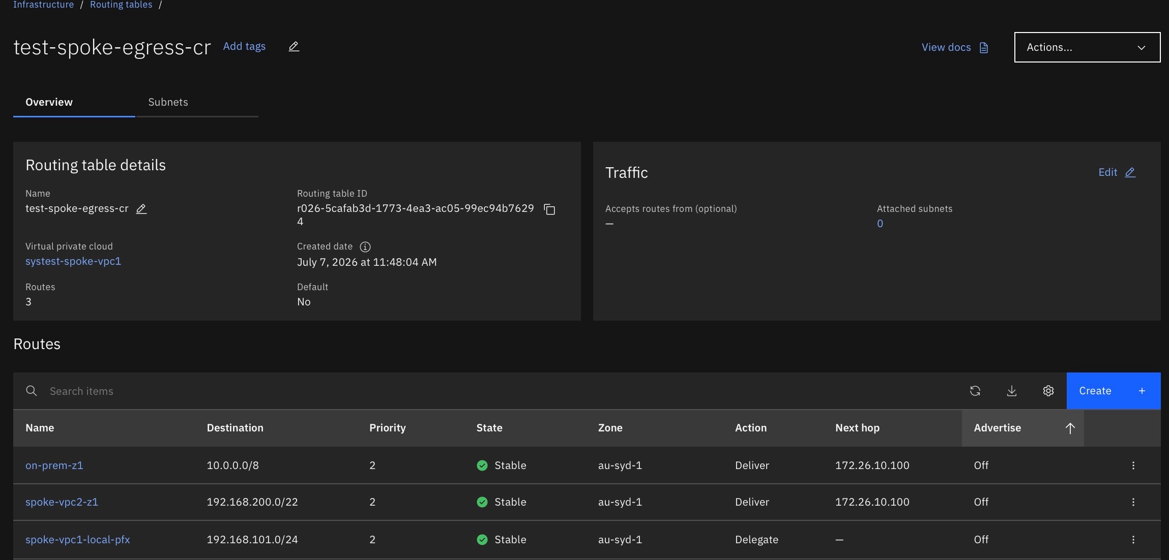 Spoke VPC Egress Custom Route Table — IBM Cloud VPC console showing on-prem and Spoke VPC-2 routes with Egress CR VIP 