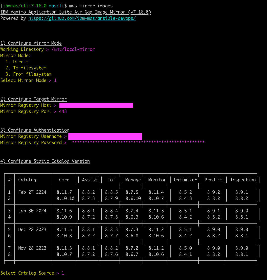 MAS CLI Interactive prompts filling up informations related to mirror and MAS Catalog