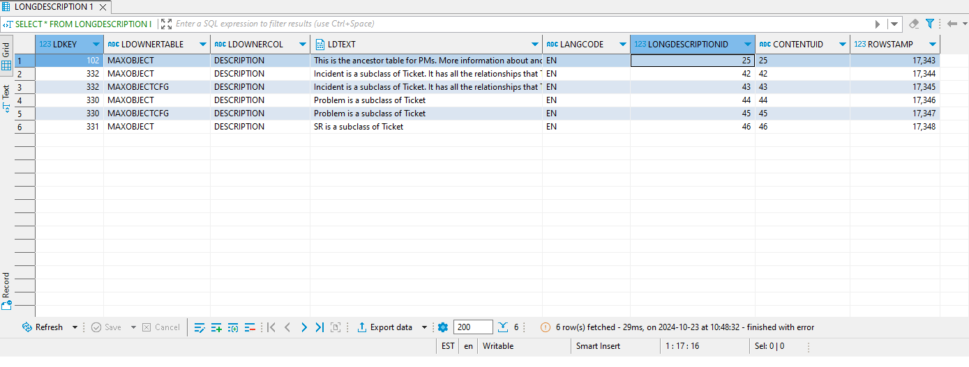 How to query work order long description field with SQL? | Maximo