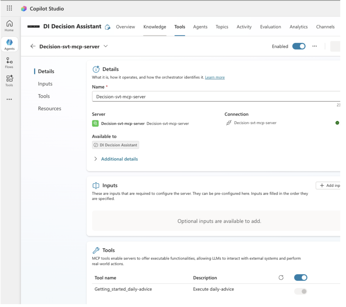 MCP server successfully configured and connected in Copilot Studio, with the decision tool (Getting_started_daily-advice) discovered and available for use by the agent.