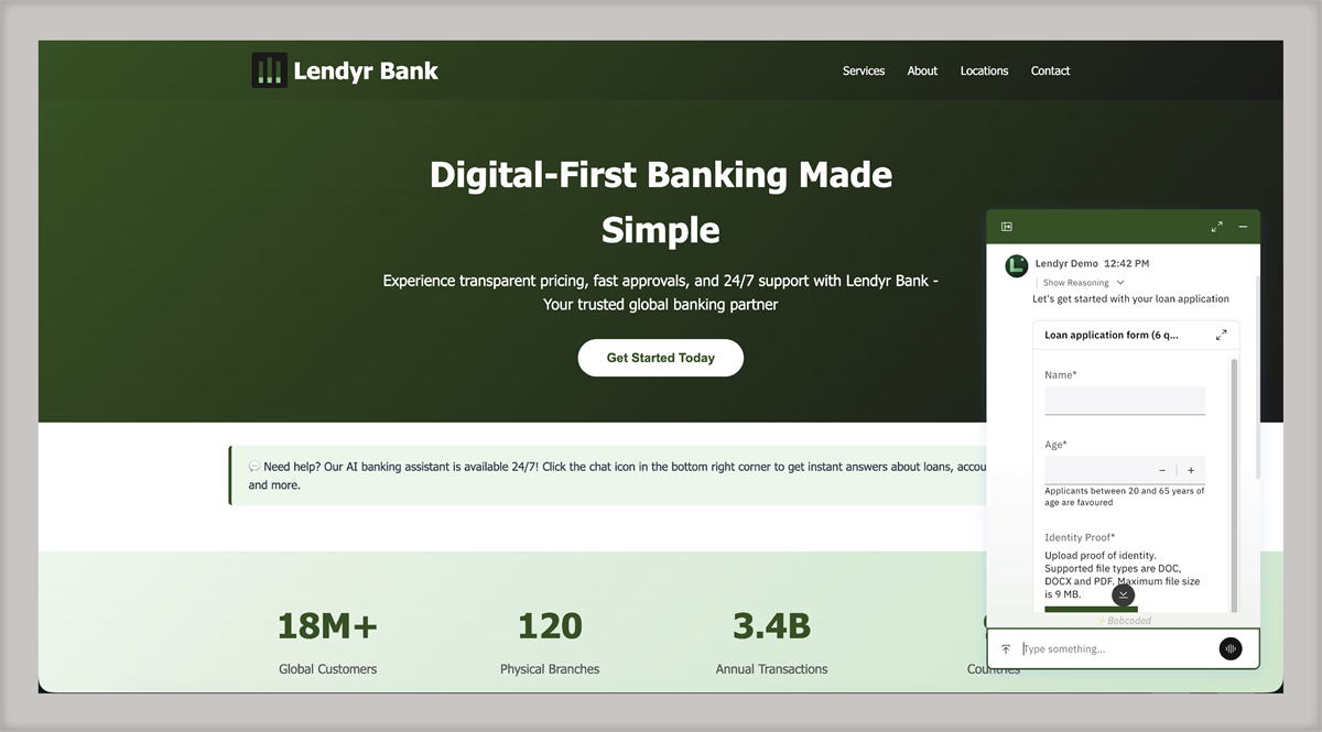 Lendyr Bank homepage with an AI banking assistant helping users complete a loan application directly from the website chat widget.