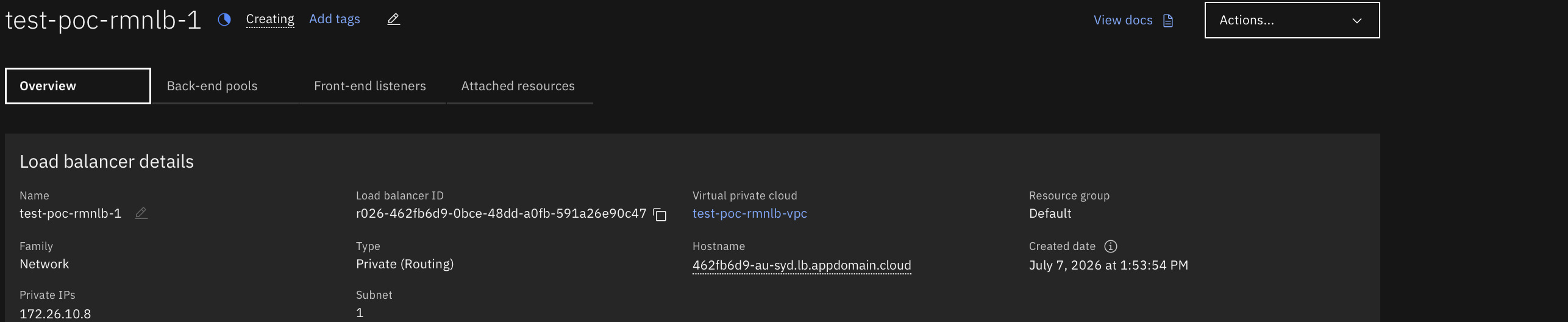 RMNLB Overview — IBM Cloud VPC console showing the Route Mode NLB with Family: Network, Type: Private (Routing), Private IP, and attached subnet